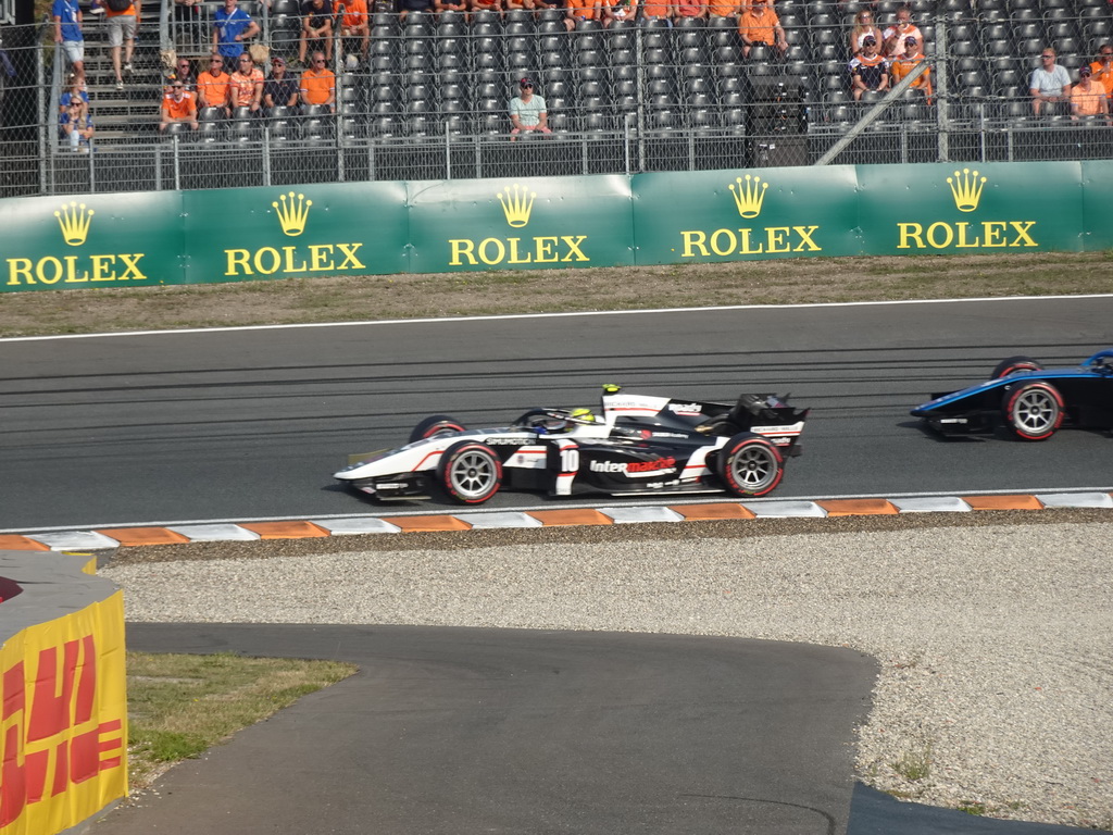 Formula 2 cars of Théo Pourchaire and Marino Sato at the Hans Ernst Chicane at Circuit Zandvoort, viewed from the Eastside Grandstand 3, during the Formula 2 Feature Race