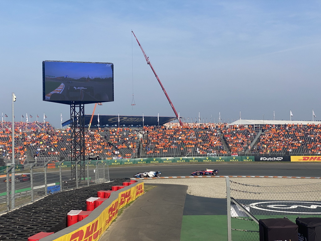 Formula 2 cars of Roy Nissany, Olli Caldwell and Calan Williams at the Hans Ernst Chicane at Circuit Zandvoort, viewed from the Eastside Grandstand 3, during the Formula 2 Feature Race