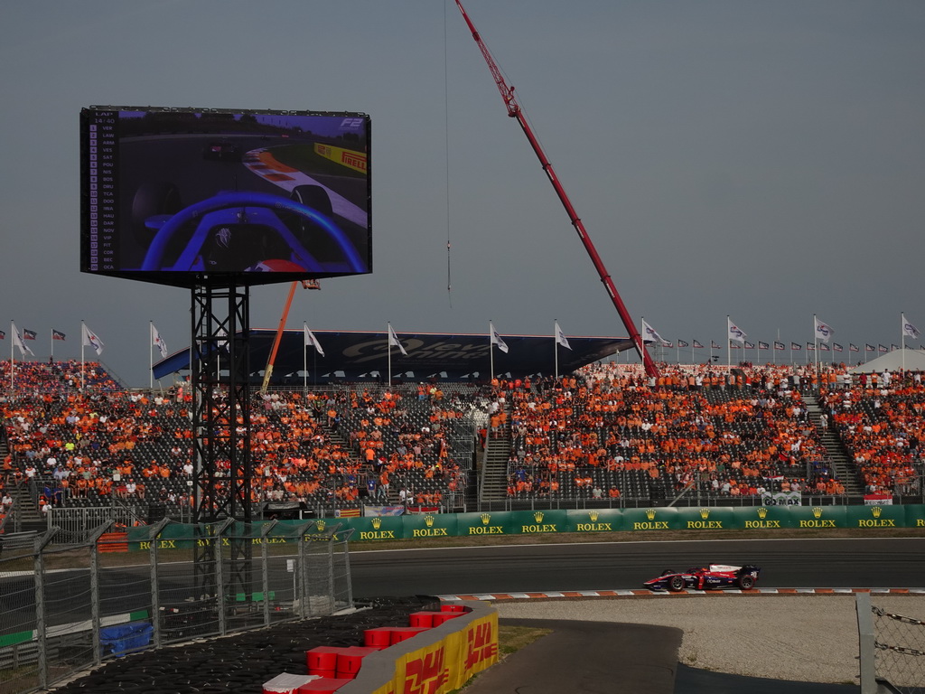 Formula 2 car of Richard Verschoor at the Hans Ernst Chicane at Circuit Zandvoort, viewed from the Eastside Grandstand 3, during the Formula 2 Feature Race