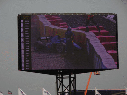 TV screen with Marino Sato and his Formula 2 car after an accident at Circuit Zandvoort, viewed from the Eastside Grandstand 3, during the Formula 2 Feature Race