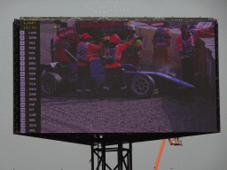 TV screen with the Formula 2 car of Marino Sato after an accident at Circuit Zandvoort, viewed from the Eastside Grandstand 3, during the Formula 2 Feature Race