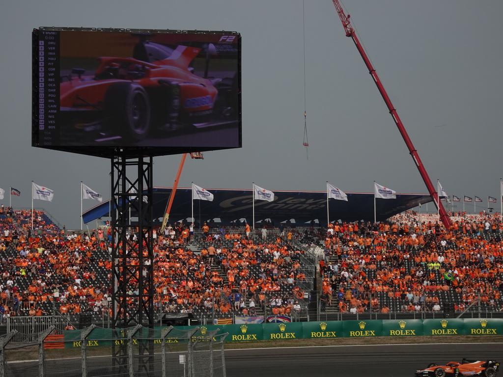 Formula 2 car of Felipe Drugovich at the Hans Ernst Chicane at Circuit Zandvoort, viewed from the Eastside Grandstand 3, during the Formula 2 Feature Race