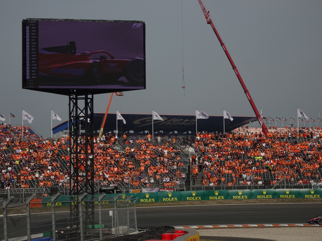 Formula 2 car of Felipe Drugovich at the Hans Ernst Chicane at Circuit Zandvoort, viewed from the Eastside Grandstand 3, during the Formula 2 Feature Race