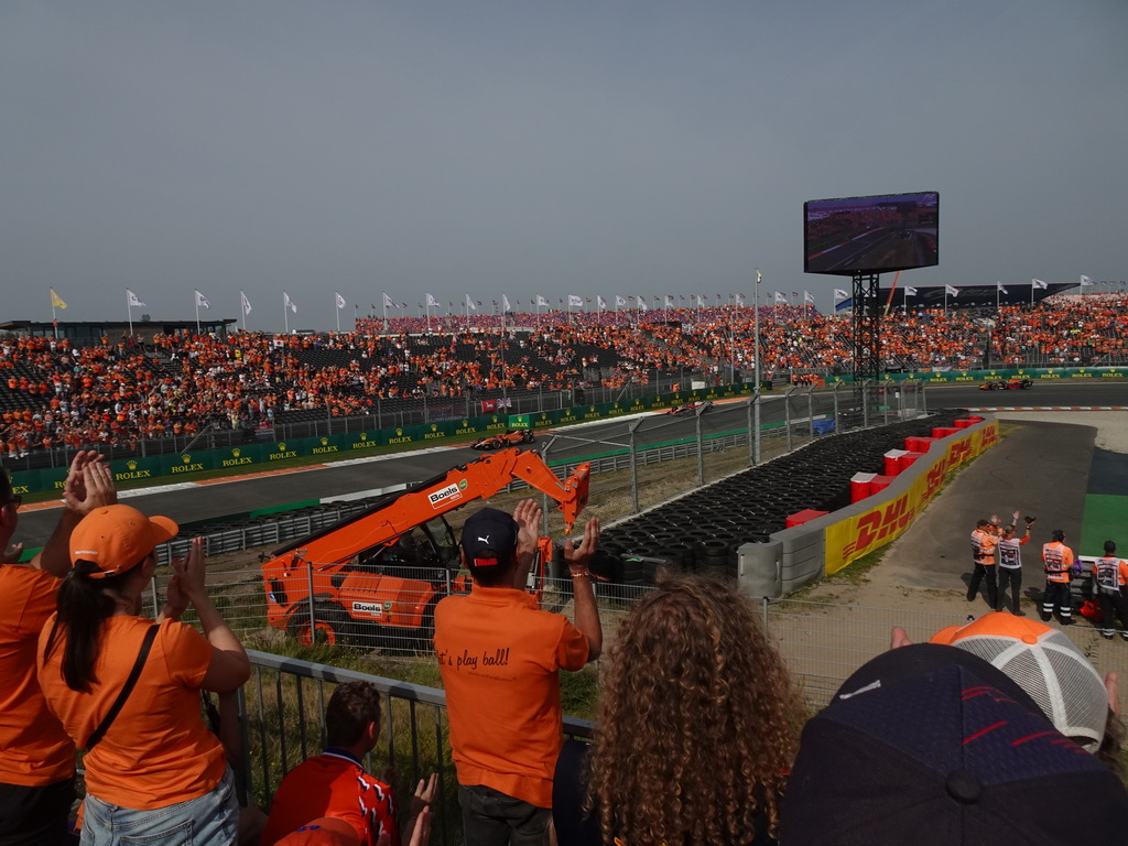 Formula 2 cars of Felipe Drugovich, Richard Verschoor and Ayumu Iwasa at the Hans Ernst Chicane at Circuit Zandvoort, viewed from the Eastside Grandstand 3, right after the Formula 2 Feature Race