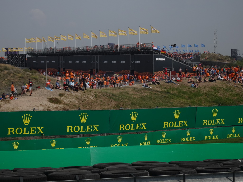 Fans at the General Admission 2 between turn 13 and the Arie Luyendyk corner at Circuit Zandvoort, during the Porsche Mobil 1 Supercup Race