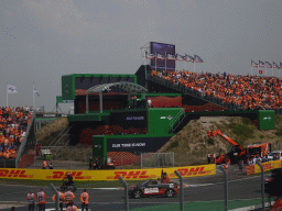 Stuntman on a motorcycle and entertainers at the Hans Ernst Chicane at Circuit Zandvoort, viewed from the Eastside Grandstand 3, during the Showteam Promotor Activity