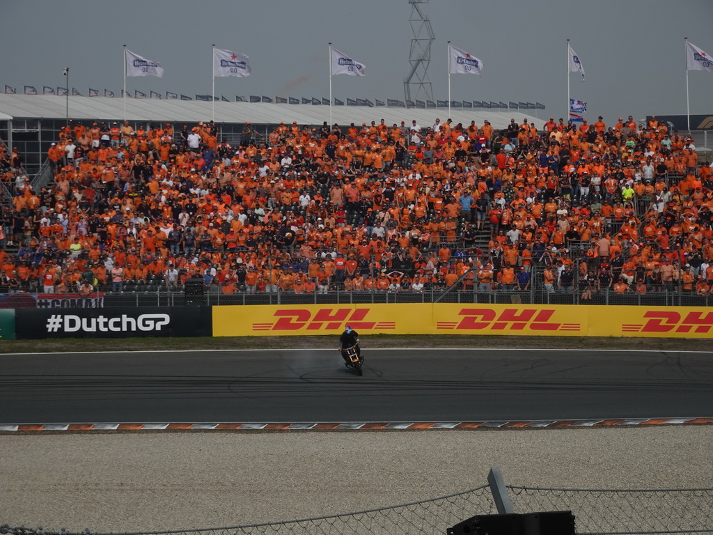 Stuntman on a motorcycle at the Hans Ernst Chicane at Circuit Zandvoort, viewed from the Eastside Grandstand 3, during the Showteam Promotor Activity