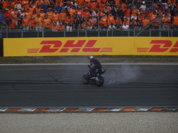 Stuntman on a motorcycle at the Hans Ernst Chicane at Circuit Zandvoort, viewed from the Eastside Grandstand 3, during the Showteam Promotor Activity