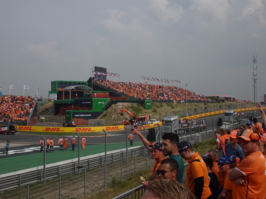 Truck with people at the Hans Ernst Chicane at Circuit Zandvoort, viewed from the Eastside Grandstand 3, at the start of the Formula 1 Drivers` Parade