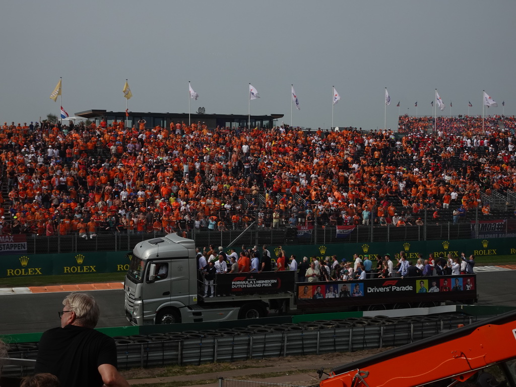 Truck with people at the Hans Ernst Chicane at Circuit Zandvoort, viewed from the Eastside Grandstand 3, at the start of the Formula 1 Drivers` Parade