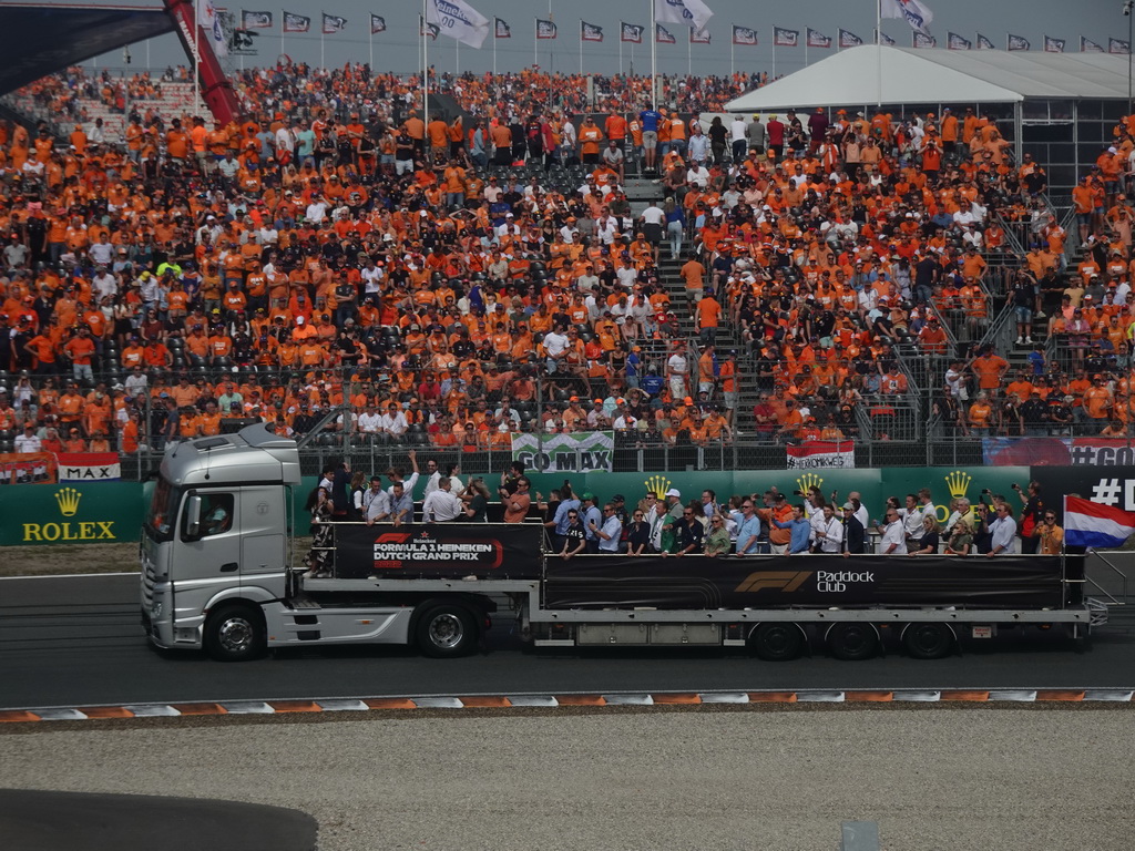 Truck with people at the Hans Ernst Chicane at Circuit Zandvoort, viewed from the Eastside Grandstand 3, at the start of the Formula 1 Drivers` Parade