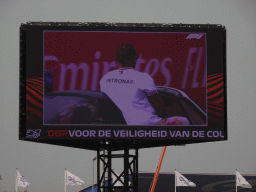 TV screen with Lewis Hamilton at Circuit Zandvoort, viewed from the Eastside Grandstand 3, during the Formula 1 Drivers` Parade