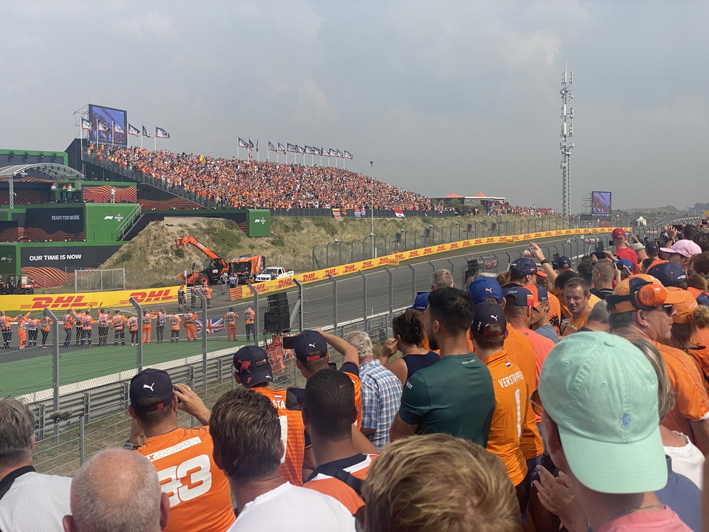 Charles Leclerc, Carlos Sainz and Sebastian Vettel at the Hans Ernst Chicane at Circuit Zandvoort, viewed from the Eastside Grandstand 3, during the Formula 1 Drivers` Parade