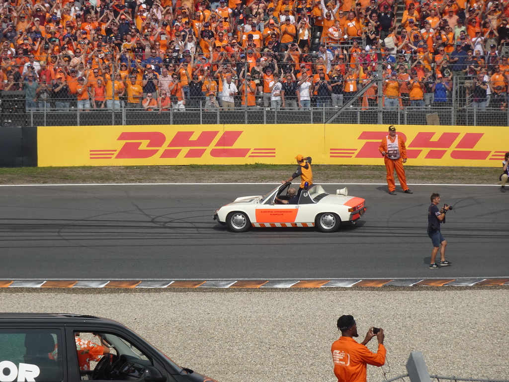 Lando Norris at the Hans Ernst Chicane at Circuit Zandvoort, viewed from the Eastside Grandstand 3, during the Formula 1 Drivers` Parade