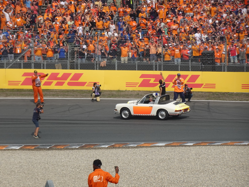 George Russell at the Hans Ernst Chicane at Circuit Zandvoort, viewed from the Eastside Grandstand 3, during the Formula 1 Drivers` Parade