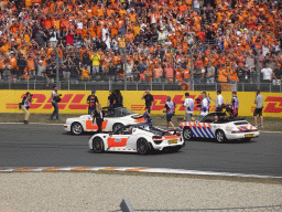 Max Verstappen, Fernando Alonso and Sergio Perez at the Hans Ernst Chicane at Circuit Zandvoort, viewed from the Eastside Grandstand 3, during the Formula 1 Drivers` Parade