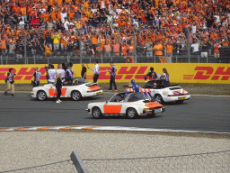Max Verstappen, Mick Schumacher and Sergio Perez at the Hans Ernst Chicane at Circuit Zandvoort, viewed from the Eastside Grandstand 3, during the Formula 1 Drivers` Parade