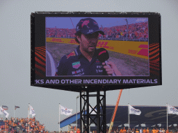 TV screen with Sergio Perez at the Hans Ernst Chicane at Circuit Zandvoort, viewed from the Eastside Grandstand 3, during the Formula 1 Drivers` Parade