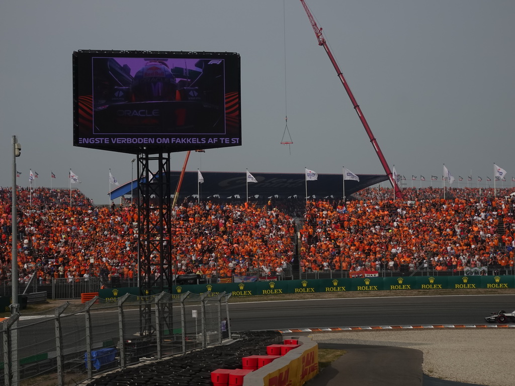 Formula 1 car of Yuki Tsunoda at the Hans Ernst Chicane at Circuit Zandvoort, viewed from the Eastside Grandstand 3, before the Formula 1 Race