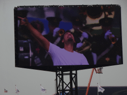 TV screen with Afrojack at the main straight at Circuit Zandvoort, viewed from the Eastside Grandstand 3, during the pre-race show of the Formula 1 Race