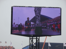 TV screen with Max Verstappen and the other Formula 1 drivers with the Formula 1 Heineken Dutch Grand Prix 2022 trophy at the main straight at Circuit Zandvoort, viewed from the Eastside Grandstand 3, during the pre-race show of the Formula 1 Race