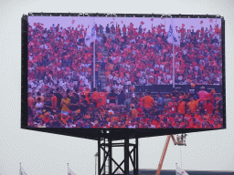 TV screen with Dutch fans at Circuit Zandvoort, viewed from the Eastside Grandstand 3, just before the Formula 1 Race