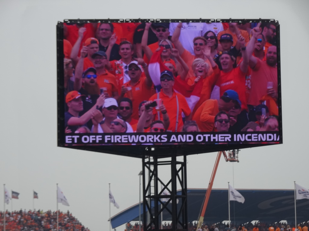 TV screen with Dutch fans at Circuit Zandvoort, viewed from the Eastside Grandstand 3, just before the Formula 1 Race