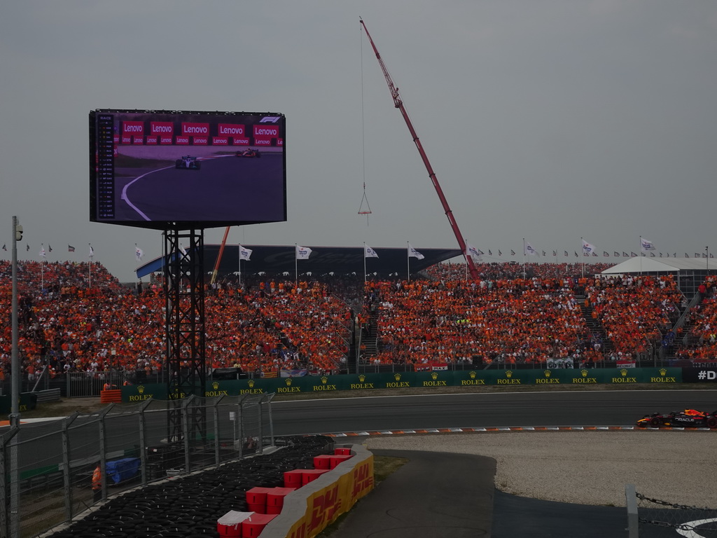 Formula 1 car of Max Verstappen at the Hans Ernst Chicane at Circuit Zandvoort, viewed from the Eastside Grandstand 3, during the Formula 1 Race