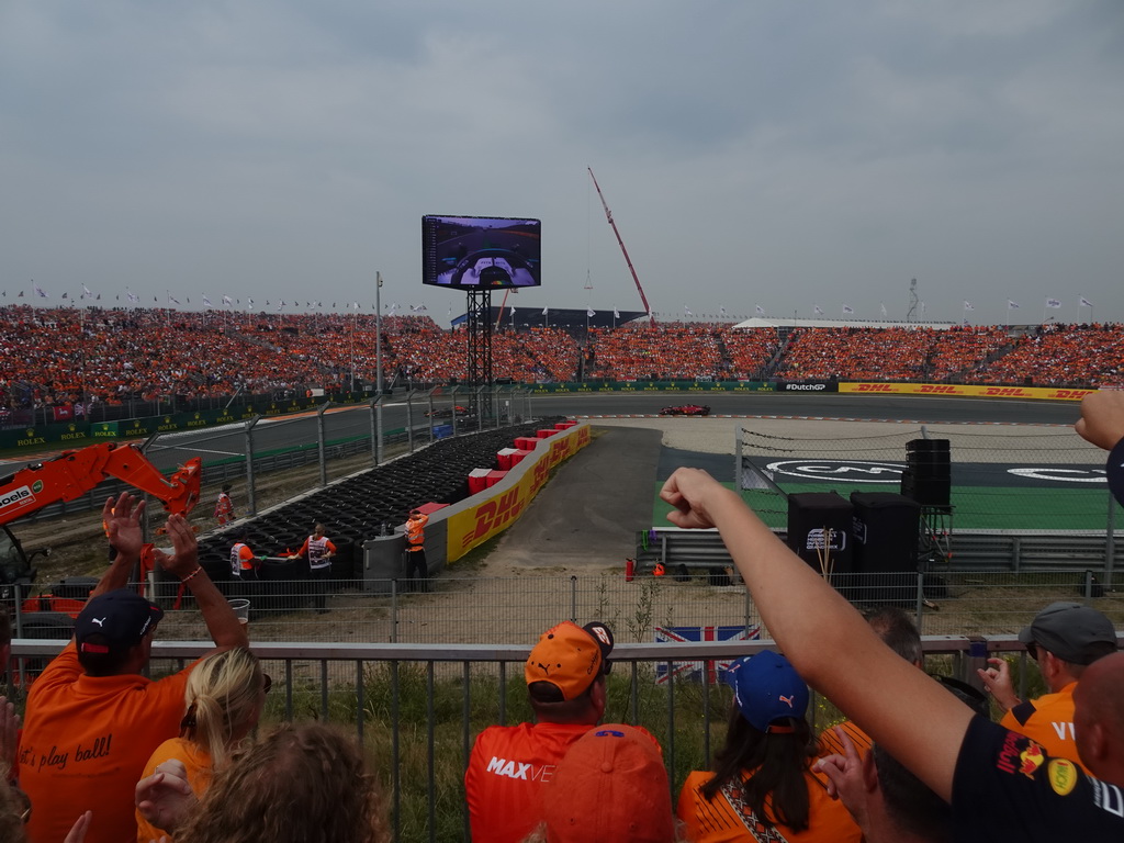 Formula 1 cars of Max Verstappen and Charles Leclerc at the Hans Ernst Chicane at Circuit Zandvoort, viewed from the Eastside Grandstand 3, during the Formula 1 Race