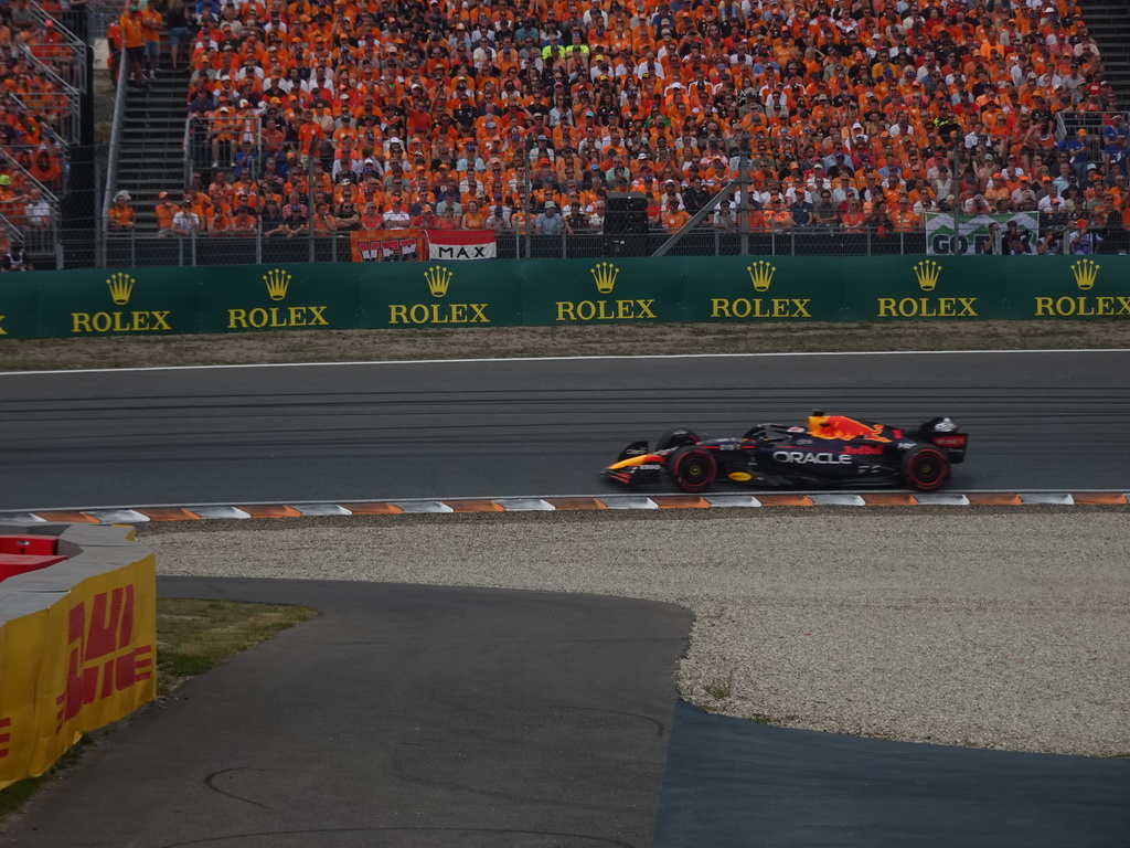 Formula 1 car of Max Verstappen at the Hans Ernst Chicane at Circuit Zandvoort, viewed from the Eastside Grandstand 3, during the Formula 1 Race