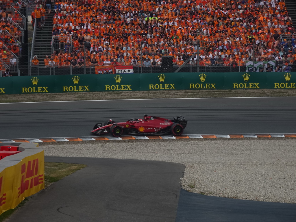 Formula 1 car of Charles Leclerc at the Hans Ernst Chicane at Circuit Zandvoort, viewed from the Eastside Grandstand 3, during the Formula 1 Race