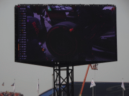 TV screen with the Formula 1 car of Max Verstappen doing a pit stop at Circuit Zandvoort, viewed from the Eastside Grandstand 3, during the Formula 1 Race