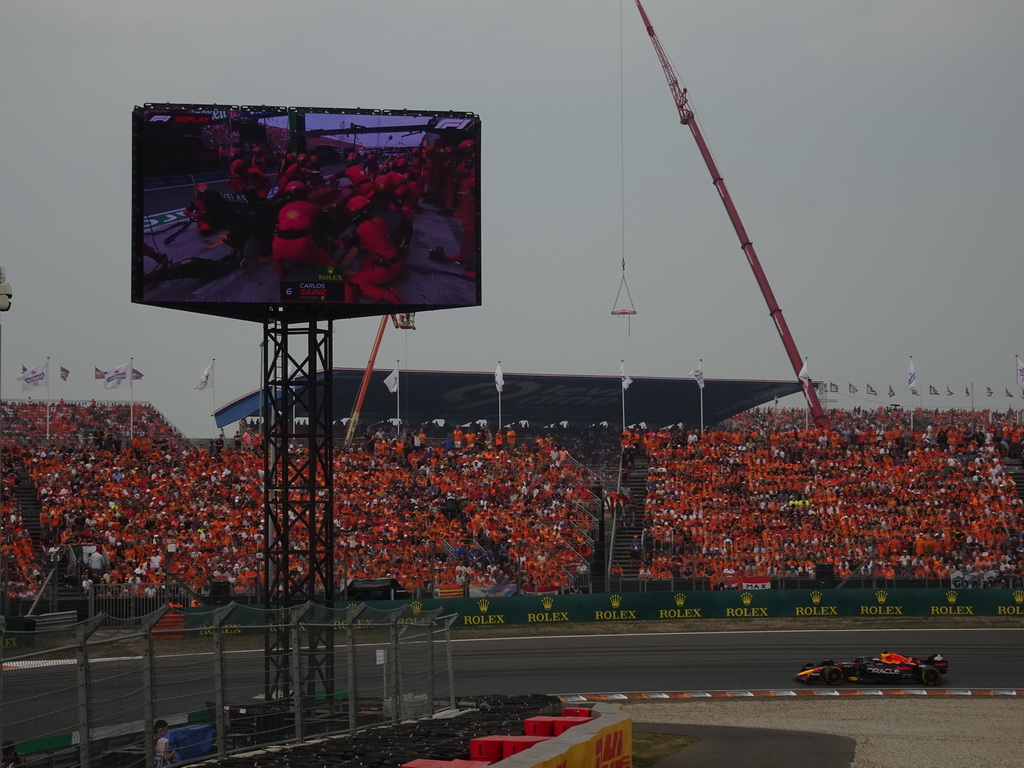 Formula 1 car of Max Verstappen at the Hans Ernst Chicane at Circuit Zandvoort, viewed from the Eastside Grandstand 3, during the Formula 1 Race