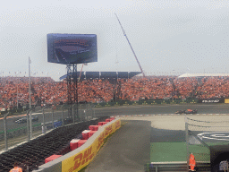 Formula 1 cars of George Russell and Max Verstappen at the Hans Ernst Chicane at Circuit Zandvoort, viewed from the Eastside Grandstand 3, during the Formula 1 Race