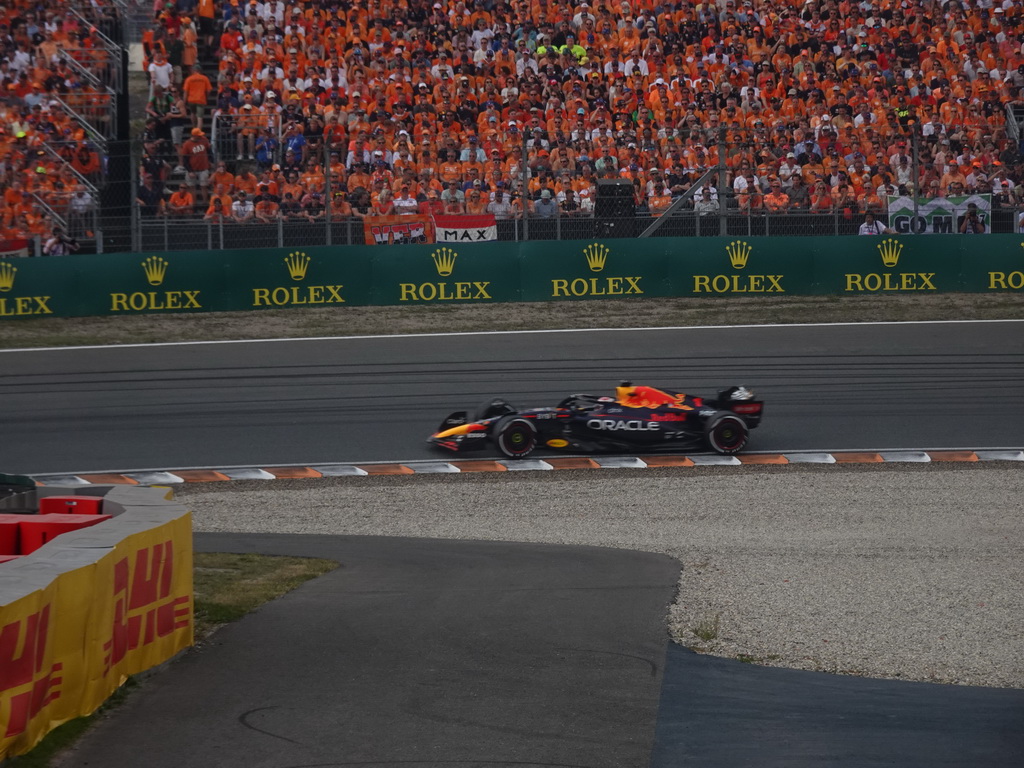 Formula 1 car of Max Verstappen at the Hans Ernst Chicane at Circuit Zandvoort, viewed from the Eastside Grandstand 3, during the Formula 1 Race