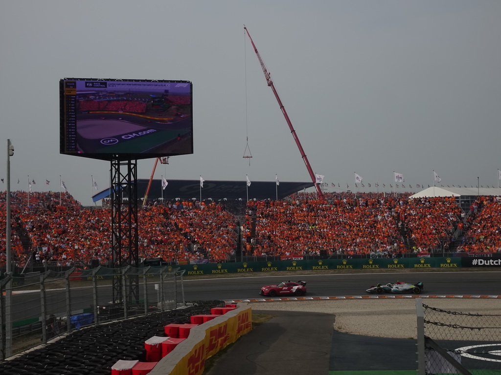 Safety car and the Formula 1 car of Lewis Hamilton at the Hans Ernst Chicane at Circuit Zandvoort, viewed from the Eastside Grandstand 3, during the Formula 1 Race