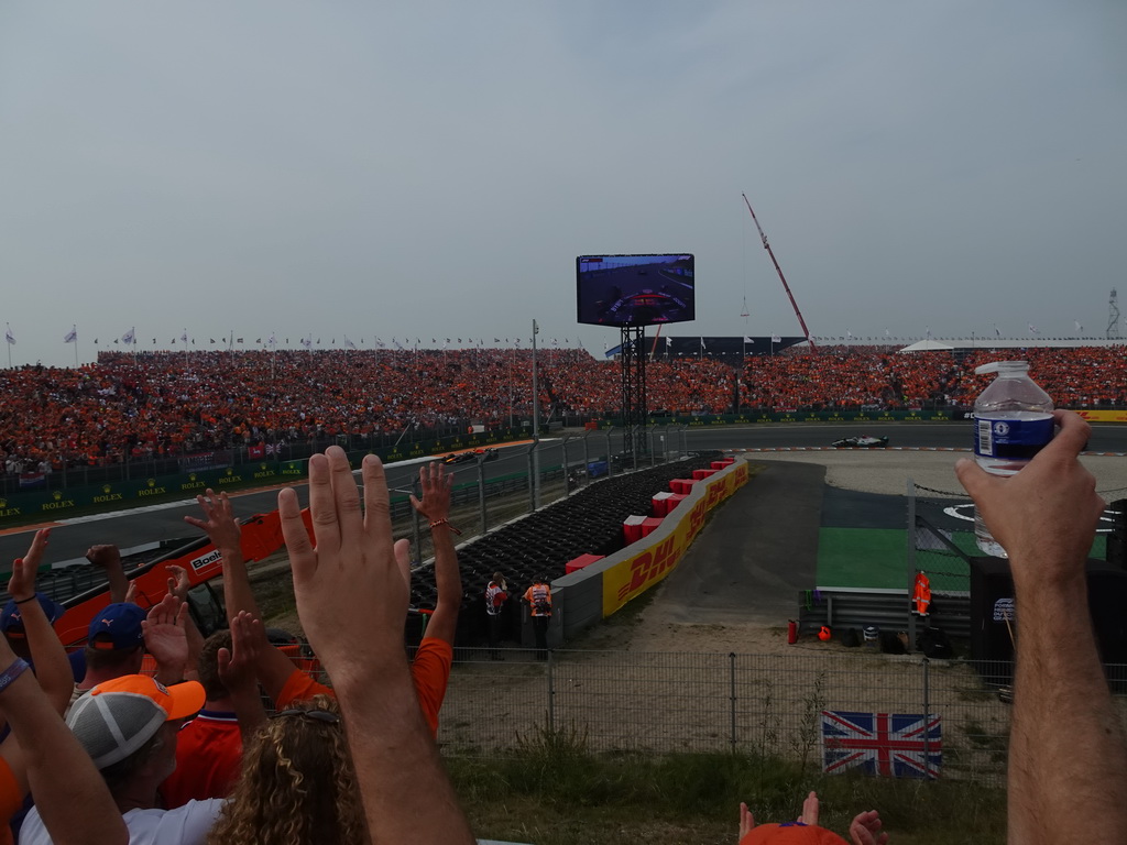 Formula 1 cars of Max Verstappen and Lewis Hamilton at the Hans Ernst Chicane at Circuit Zandvoort, viewed from the Eastside Grandstand 3, during the Formula 1 Race
