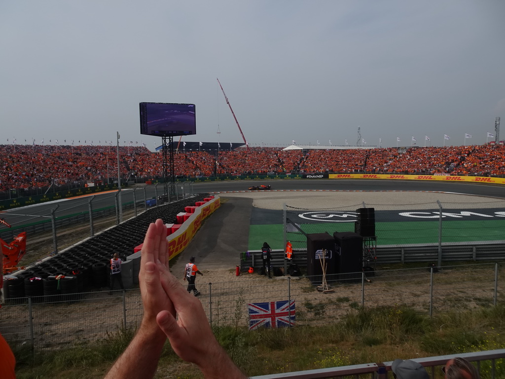 Formula 1 car of Max Verstappen at the Hans Ernst Chicane at Circuit Zandvoort, viewed from the Eastside Grandstand 3, during the Formula 1 Race