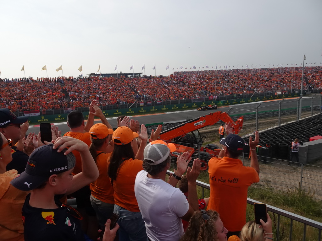 Formula 1 car of Max Verstappen at the Hans Ernst Chicane at Circuit Zandvoort, viewed from the Eastside Grandstand 3, during the Formula 1 Race