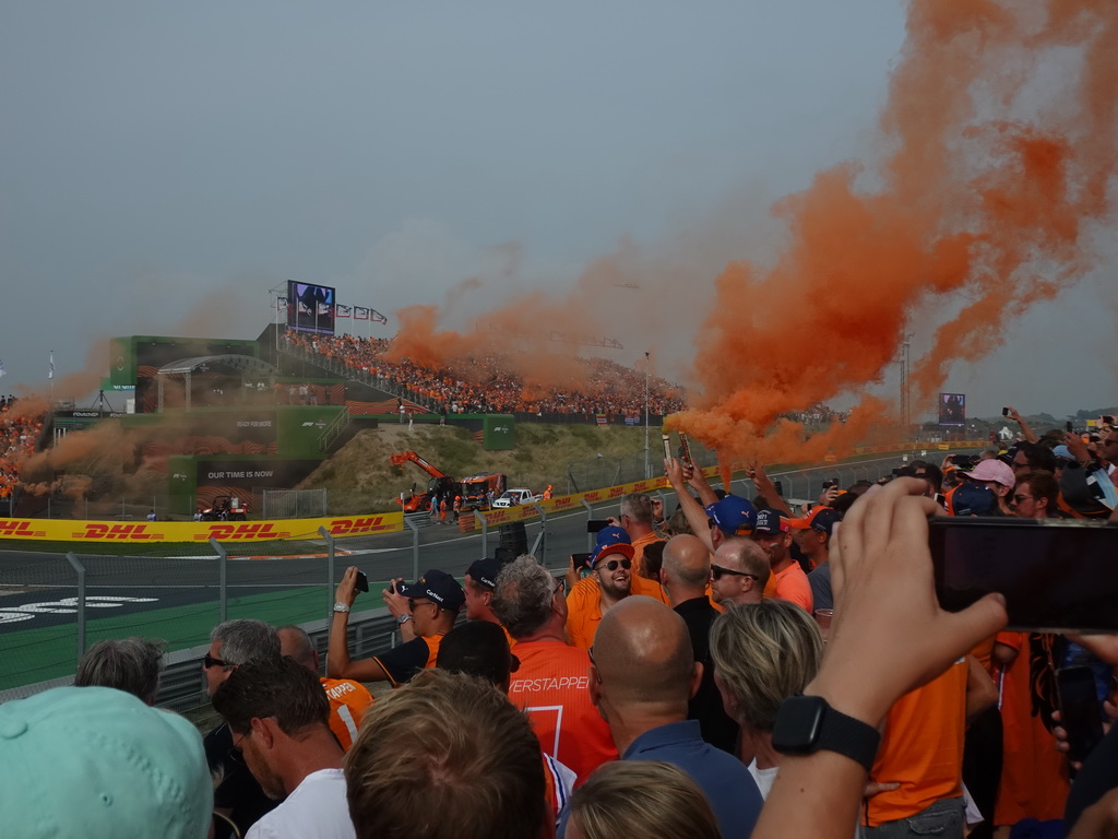 Orange smoke at the Eastside Grandstand 3 at Circuit Zandvoort, right after the Formula 1 Race
