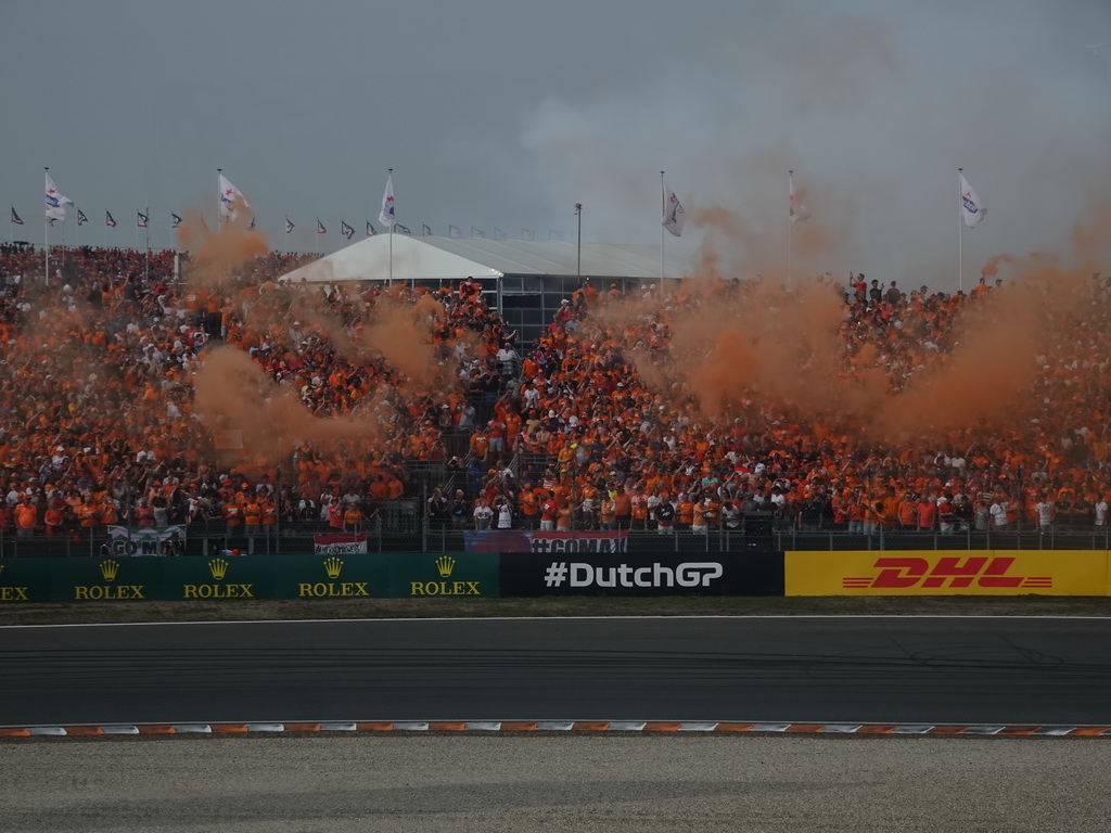 Orange smoke at the Hans Ernst Chicane at Circuit Zandvoort, viewed from the Eastside Grandstand 3, right after the Formula 1 Race