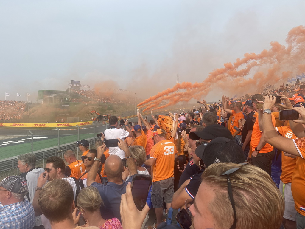 Orange smoke at the Eastside Grandstand 3 at Circuit Zandvoort, right after the Formula 1 Race