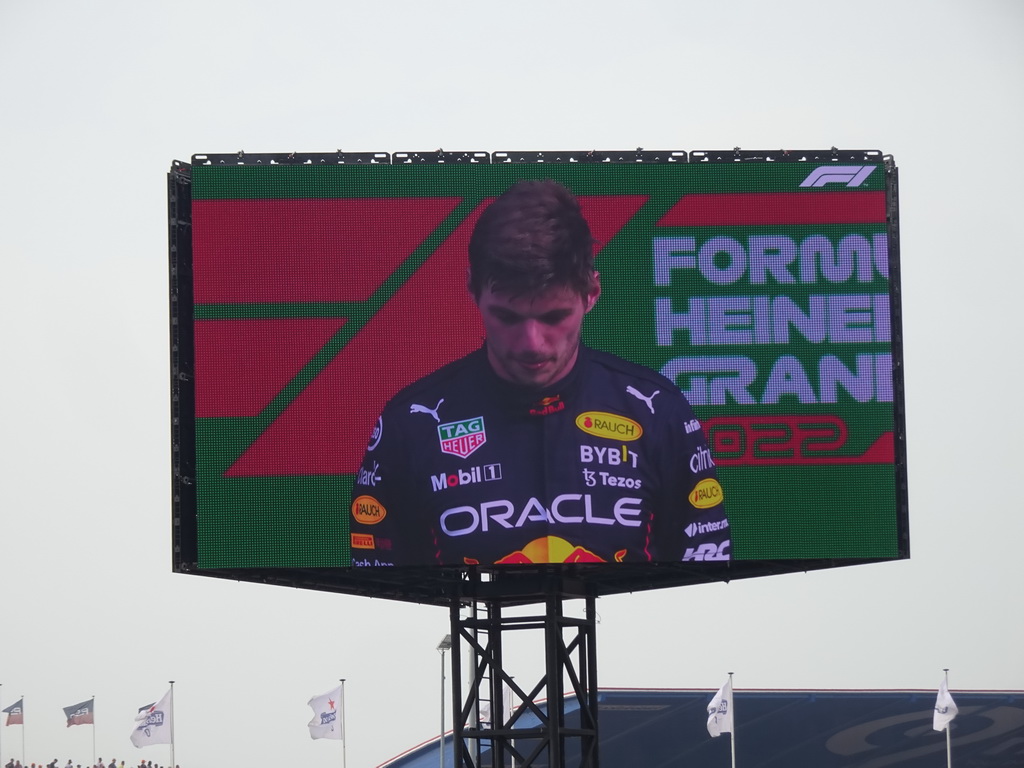 TV screen with Max Verstappen at the main stage at Circuit Zandvoort, viewed from the Eastside Grandstand 3, during the podium ceremony of the Formula 1 Race