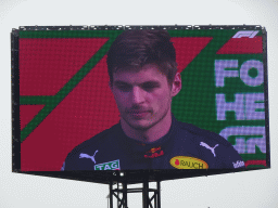 TV screen with Max Verstappen at the main stage at Circuit Zandvoort, viewed from the Eastside Grandstand 3, during the podium ceremony of the Formula 1 Race