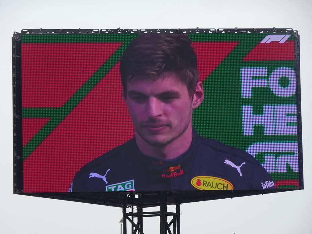 TV screen with Max Verstappen at the main stage at Circuit Zandvoort, viewed from the Eastside Grandstand 3, during the podium ceremony of the Formula 1 Race