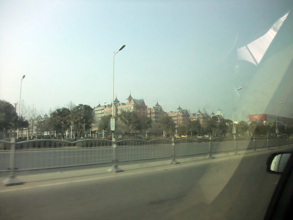 Apartment buildings, viewed from a car