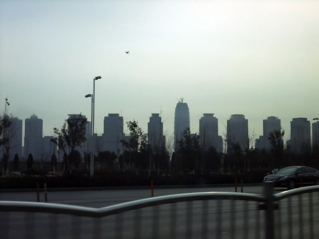 The Greenland Square building and other buildings at the Zhengdong New Area, viewed from a car