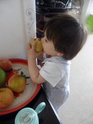 Max eating an apple at the apartment of Miaomiao`s uncle and aunt