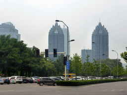The Greenland Plaza tower and other skyscrapers at the Zhengzhou International Convention Center, viewed from the car