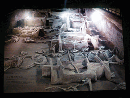 Photograph of the Pit of the Emperor`s Six-horsed Carriage, in the temporary exhibition building of the Henan Museum, with explanation